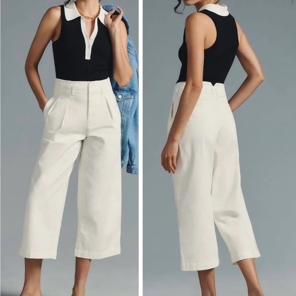 Anthropologie Eva Franco Wide Leg Crop Chino Pants Cream High Rose Sz 4 NEW - Picture 2 of 14